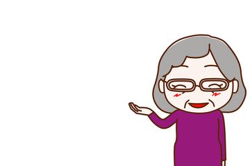 （上半身正面）コピースペースあり　笑顔で右側を案内する高齢の女性