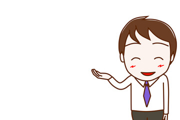 （上半身正面）コピースペースあり　笑顔で右側を案内する男性