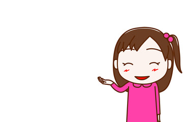 （上半身正面）コピースペースあり　笑顔で右側を案内する少女