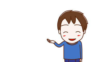 （上半身正面）コピースペースあり　笑顔で右側を案内する少年