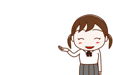 （上半身正面）コピースペースあり　笑顔で右側を案内する女子学生