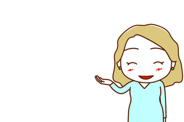 （上半身正面）コピースペースあり　笑顔で右側を案内する白人女性