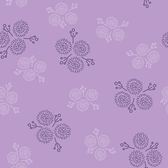 Lilac floral pattern from lines. Outline leaves and flowers on a purple background. Contemporary art for fabrics and textiles. Fashion, modern seamless pattern, drawn lilac plant silhouettes. Vector
