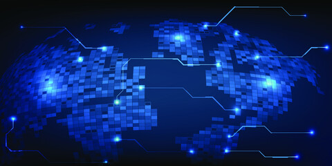 Vector illustrations of futuristic world map shpere shape with digital future tech element.World digital innovations and economic strategy concepts.