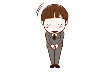 （全身正面）笑顔で礼儀正しく丁寧にペコリと頭を下げて挨拶をする男子学生