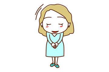 Obraz premium （全身正面）笑顔で礼儀正しく丁寧にペコリと頭を下げて挨拶をする白人女性