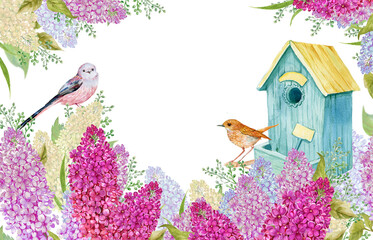 postcard with lilacs , a birdhouse and birds .watercolor hand painting
- 478936191