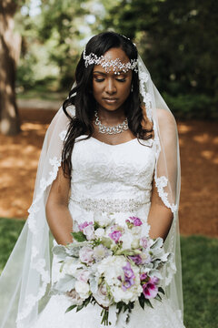 Portrait of Beautiful Bride Wearing Tiara and Veil