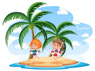 Isolated beach island with two girls wearing swimwears