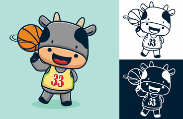 Cute cow basketball player cartoon with the ball