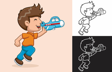 Cartoon boy running while holding airplane toy