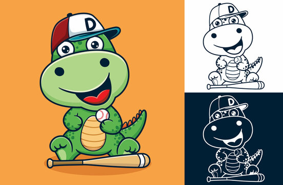 Cute dinosaur cartoon wearing hat with baseball equipment