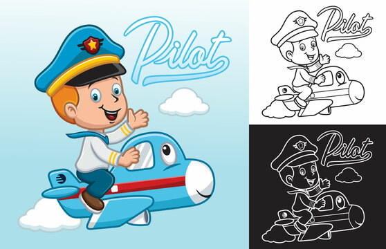 Cartoon boy wearing pilot uniform sitting on funny airplane