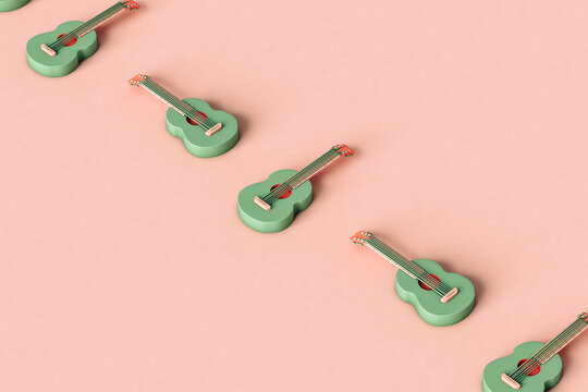 a row of green Guitars in different positions. 