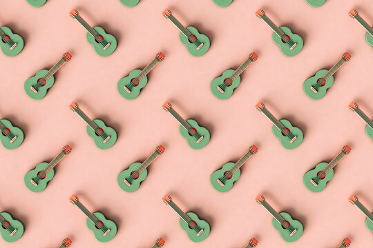 birds-eye view of green Guitars on a pink background. 