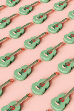 pattern of green cartoon guitars on pink. 3d render