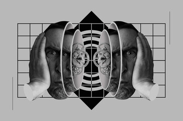 Divided head of a man with gears inside