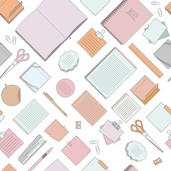 Seamless pattern with stationery - notepads, stickers, notebooks on white background. Vector illustration