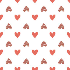 Vector seamless pattern with small red hearts on white backdrop. Valentines day background. Abstract geometric texture, repeat tiles. Love romantic theme. Minimal design for decor, textile, gift paper