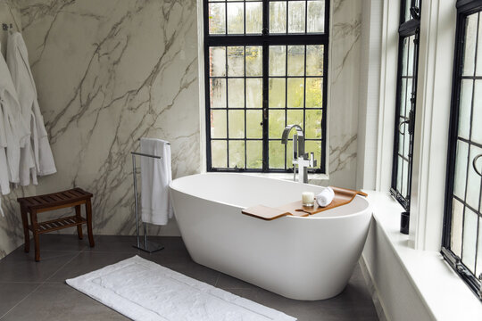 View of a bathroom with large windows