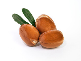Moroccan Argan nuts with green leaves on white isolated background. Argan seeds, for the production of oil