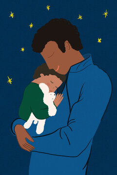 Black man holding sleeping baby, illustration
