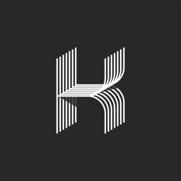 Creative 3d letter K logo monogram, isometric parallel lines shapes, linear typography design sample.