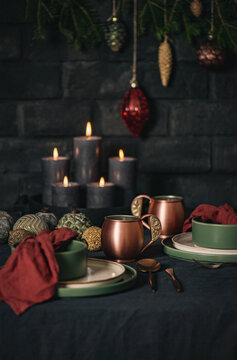 Close-up of Christmas dinner table setting 