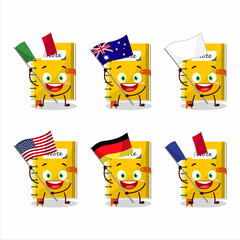 Note book cartoon character bring the flags of various countries