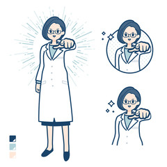 白衣を着た女性医師が正面を指差しているイラスト - obrazy, fototapety, plakaty
