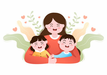 Parenting of Mother, Father and Kids Embracing Each Other in Loving Family. Cute Cartoon Background Vector Illustration for Banner or Psychology