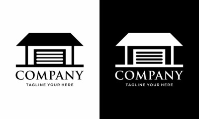 Modern black logo design with gradient, house with car garage. on a black and white background.