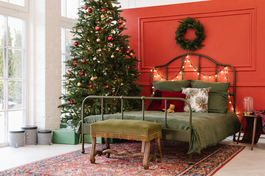 Cozy bedroom with Christmas tree