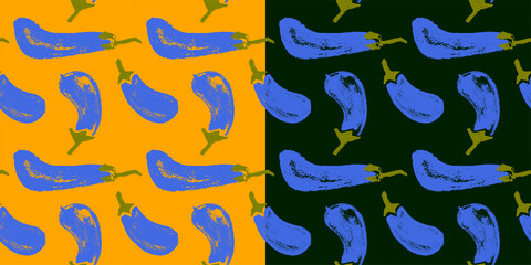 Vector eggplant pattern seamless. Aubergine pattern. Aubergine decoration. Vegetarian background. Fabric decor. Aubergines backdrop. Drawings of vegetables. Purple eggplants. Vegan textile ornament.