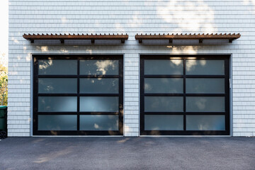 Exterior of two bay garage at modern home 