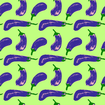 Vector eggplant pattern seamless. Aubergine pattern. Aubergine decoration. Vegetarian background. Fabric decor. Aubergines backdrop. Drawings of vegetables. Purple eggplants. Vegan textile ornament.