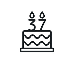 Birthday cake line icon with candle number 37. Vector.