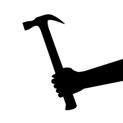 Black silhouette. Worker or carpenter hand holds hammer. Work tool isolated on white background. Repairman with industrial instrument.