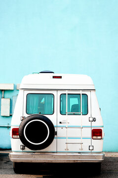 Camper van over blue
