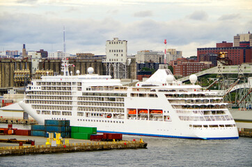 Silversea Cruiseship cruise ship liner Silver Spirit Muse Dawn Moon in port of Halifax, Nova Scotia...