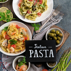 Pasta assortment on dark background.