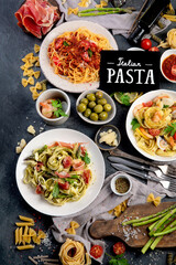 Pasta assortment on dark background.