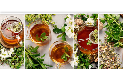 Collage of herbal tea with cups and teapot. - obrazy, fototapety, plakaty