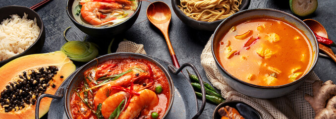 Traditional Thai food on dark background.