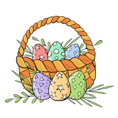 wicker basket with Easter eggs in cartoon style for Easter card design