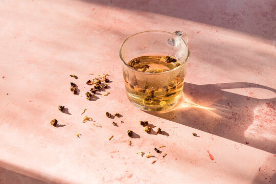 Herbal tea in a large glass cup