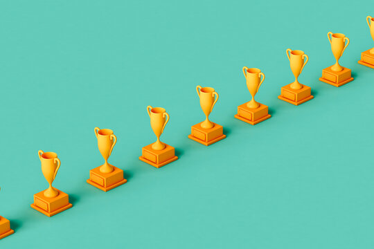 a row of Yellow trophies on green background 