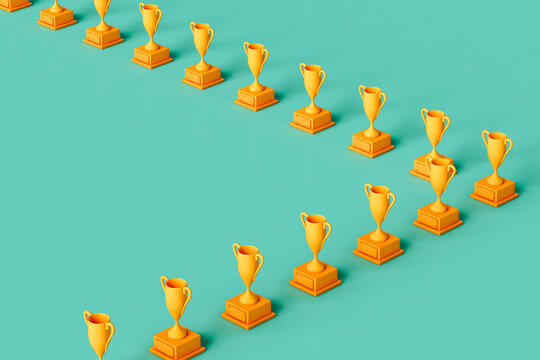 rows of Yellow trophy on green background
