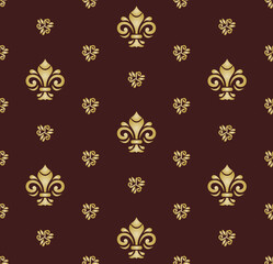 Seamless pattern. Modern geometric ornament with golden royal lilies. Classic vintage background