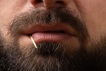 close-up of angry lips, bearded face of man with toothpick in teeth, angry emotions of bandit, danger and aggression.